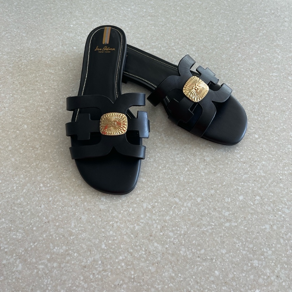 Sam Edelman Black and Gold Slide Sandals Size:9